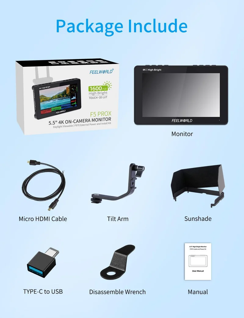 FEELWORLD F5 PROX 5.5 Zoll 1600nit High Bright Field DSLR-Kameramonitor Touchscreen F970 Kit HDMI