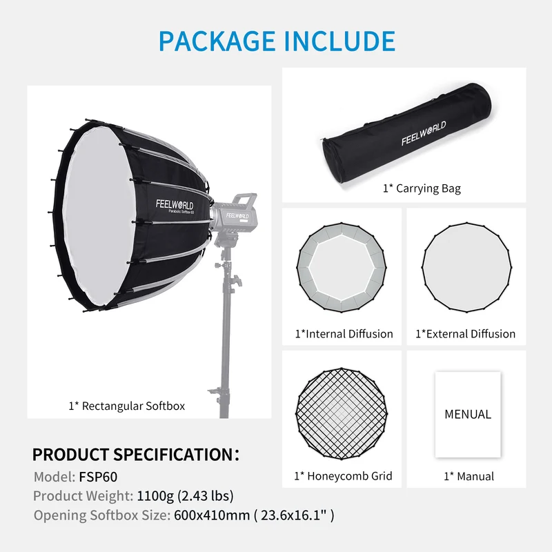 FEELWORLD FSP60 V2 60 cm 23.6 Zoll tragbare Parabol-Softbox