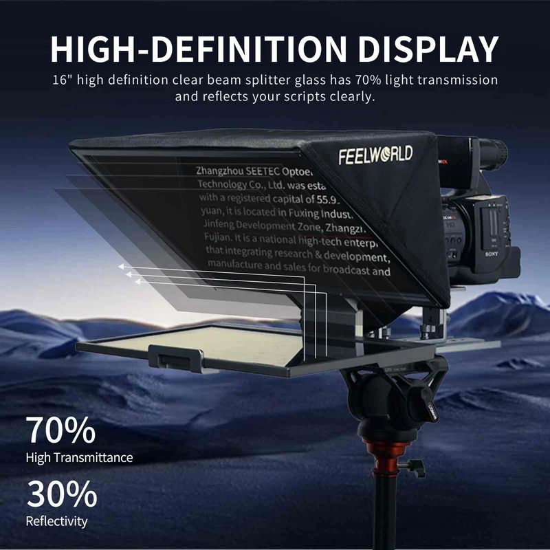 Der faltbare 16-Zoll-Teleprompter FEELWORLD TP16 unterstützt horizontale und vertikale Eingabeaufforderungen für Tablets mit bis zu 16 Zoll