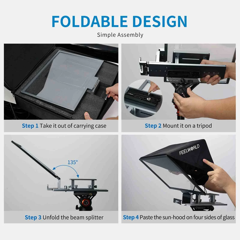Der faltbare 16-Zoll-Teleprompter FEELWORLD TP16 unterstützt horizontale und vertikale Eingabeaufforderungen für Tablets mit bis zu 16 Zoll