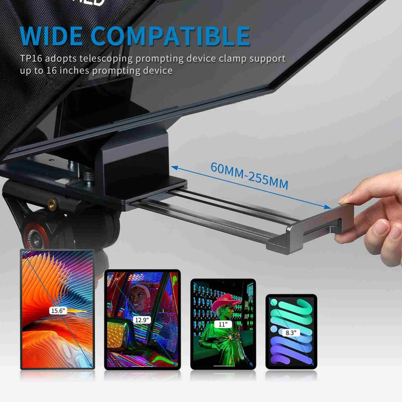 Der faltbare 16-Zoll-Teleprompter FEELWORLD TP16 unterstützt horizontale und vertikale Eingabeaufforderungen für Tablets mit bis zu 16 Zoll
