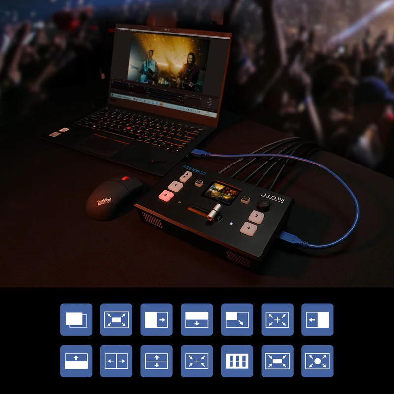 FEELWORLD L1 PLUS Multikamera-Videomischer-Umschalter 2" Touch-PTZ-Steuerung 4K-Eingang Live-Streaming