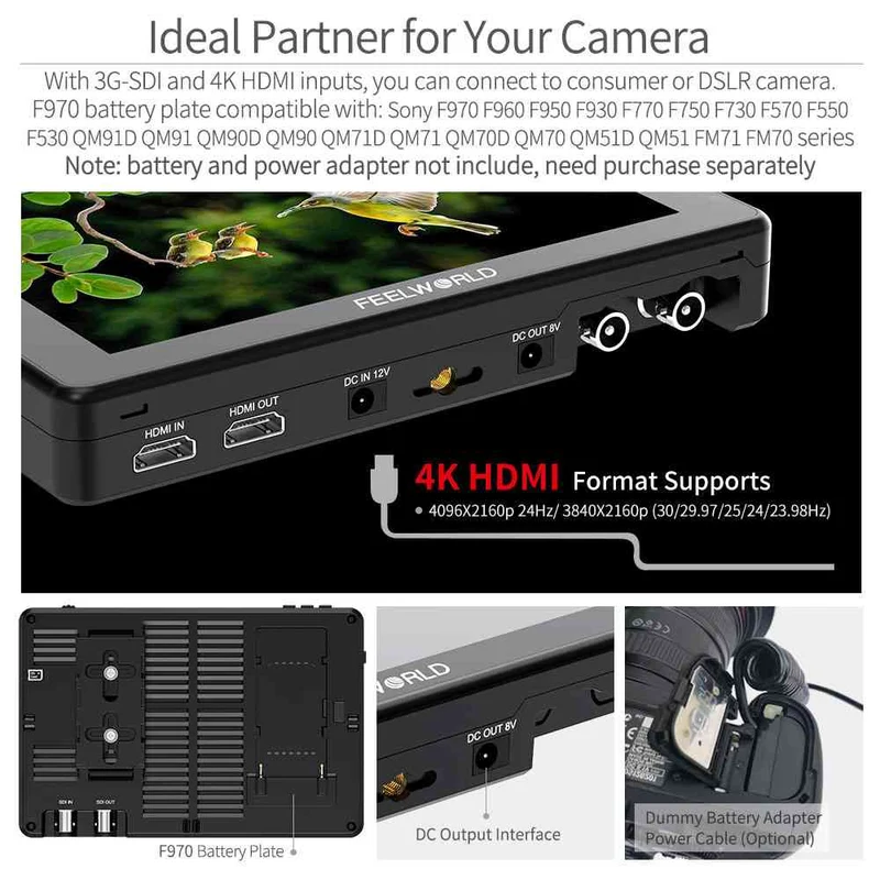 FEELWORLD LUT7S PRO 7-Zoll-DSLR-Kamera-Feldmonitor mit 2200 Nits 3D-LUT Touch 4K HDMI 3G-SDI F970-Kit