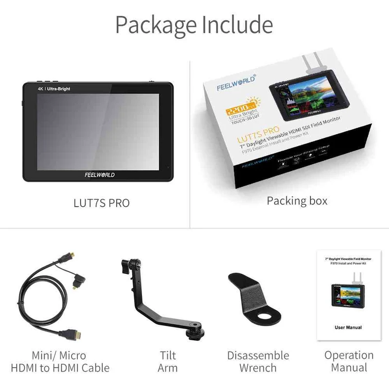 FEELWORLD LUT7S PRO 7-Zoll-DSLR-Kamera-Feldmonitor mit 2200 Nits 3D-LUT Touch 4K HDMI 3G-SDI F970-Kit