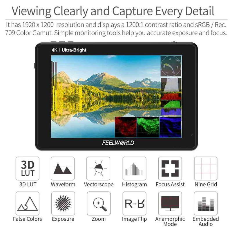 FEELWORLD LUT7 PRO 7 Zoll 2200nits DSLR-Kamera Feldmonitor LUT Touch F970 Externes Kit HDMI