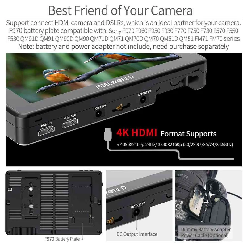FEELWORLD LUT7 PRO 7 Zoll 2200nits DSLR-Kamera Feldmonitor LUT Touch F970 Externes Kit HDMI