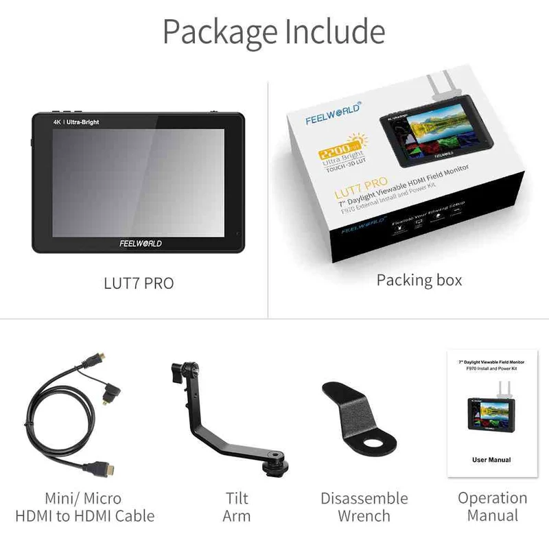 FEELWORLD LUT7 PRO 7 Zoll 2200nits DSLR-Kamera Feldmonitor LUT Touch F970 Externes Kit HDMI
