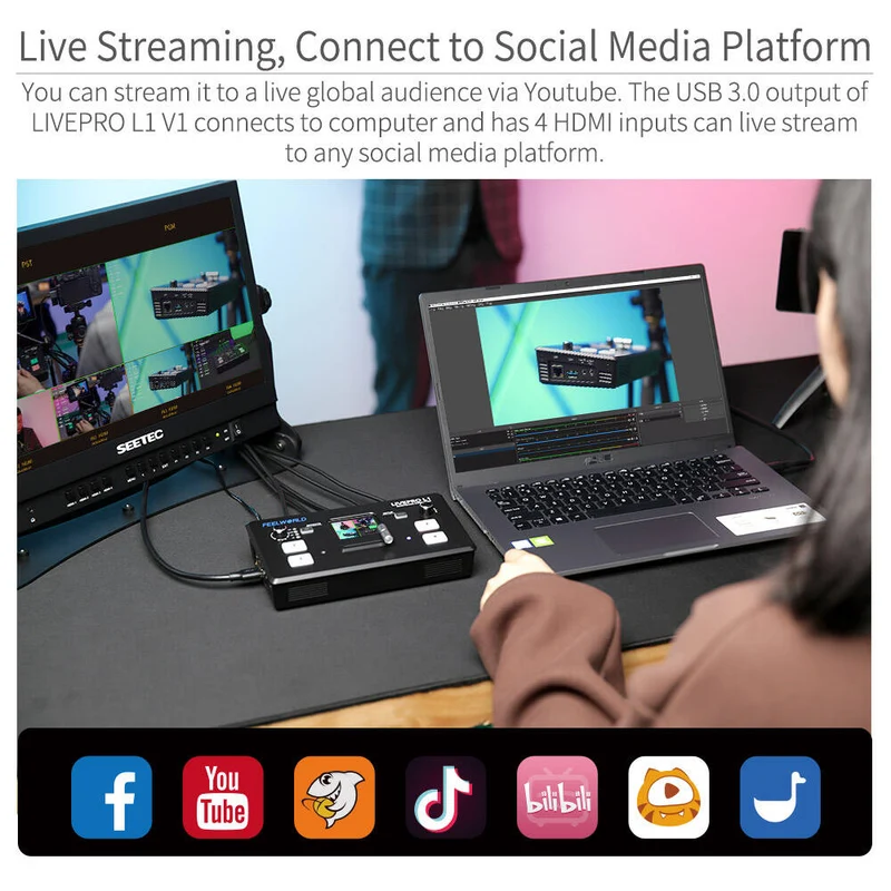FEELWORLD LIVEPRO L1 V1 Video-Mixer-Umschalter mit mehreren Kameras LCD-Bildschirm 4 HDMI-Eingang USB3.0 Live-Stream