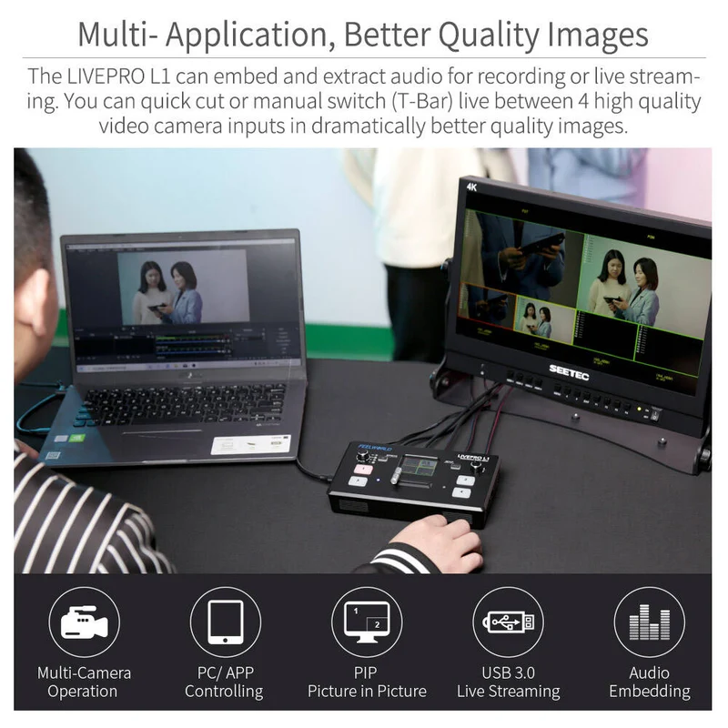 FEELWORLD LIVEPRO L1 V1 Video-Mixer-Umschalter mit mehreren Kameras LCD-Bildschirm 4 HDMI-Eingang USB3.0 Live-Stream