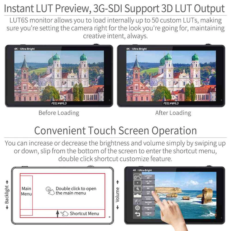 FEELWORLD LUT6S 6 Zoll 2600nit Ultra Bright Field DSLR-Kameramonitor mit Touchscreen, HDR, SDI, 4K und HDMI