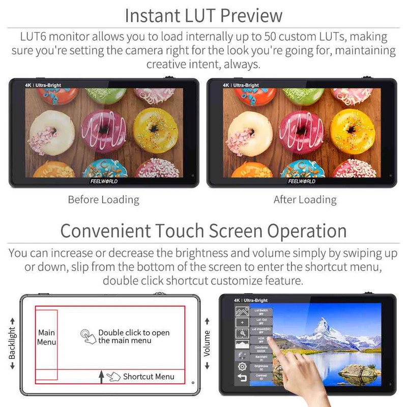 FEELWORLD LUT6 6 Zoll 2600nit Ultra Bright Field DSLR-Kameramonitor Touchscreen HDR 4K HDMI
