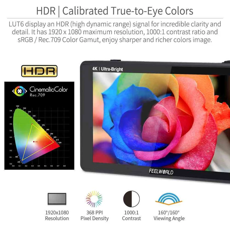 FEELWORLD LUT6 6 Zoll 2600nit Ultra Bright Field DSLR-Kameramonitor Touchscreen HDR 4K HDMI