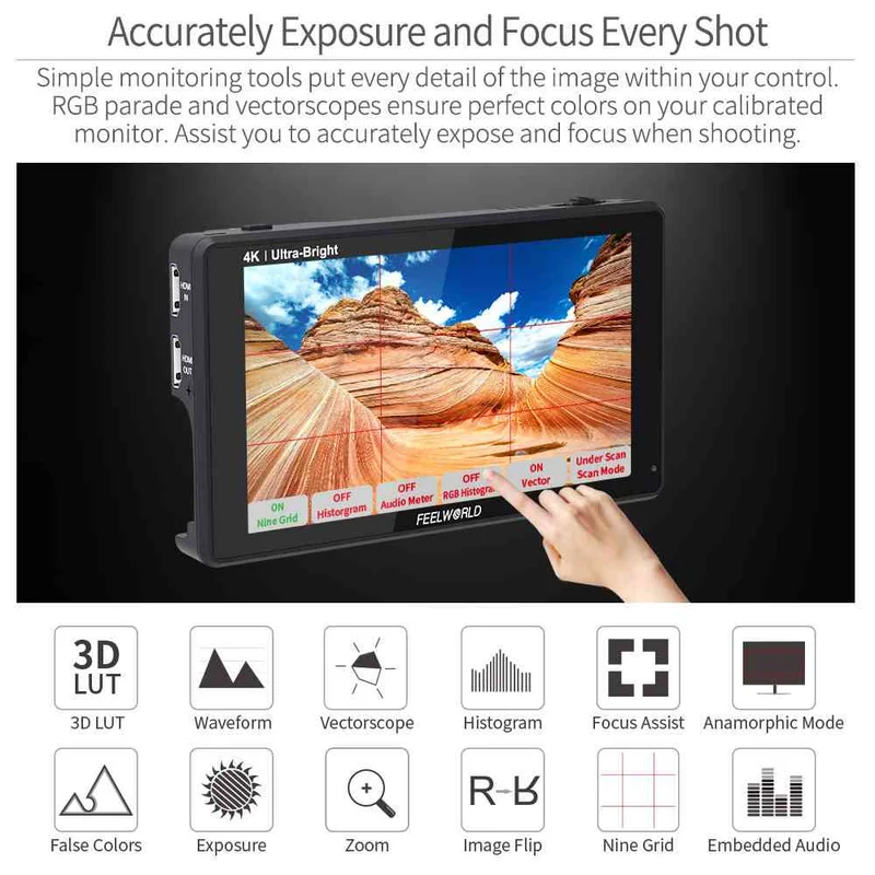 FEELWORLD LUT6 6 Zoll 2600nit Ultra Bright Field DSLR-Kameramonitor Touchscreen HDR 4K HDMI