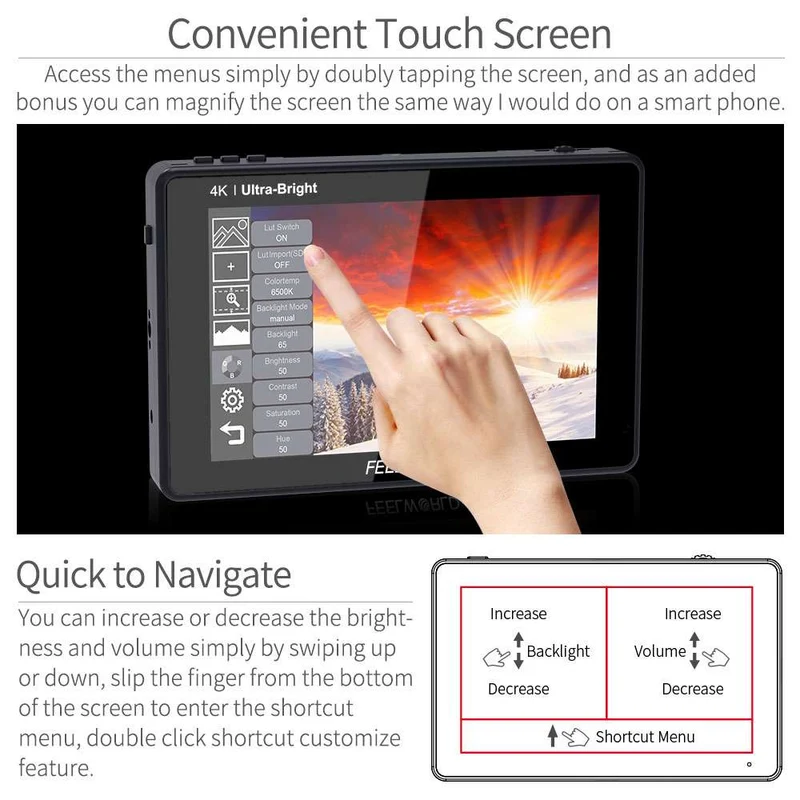 FEELWORLD LUT7 7-Zoll-DSLR-Kameramonitor mit 2200 Nits Ultra Bright Field Touchscreen, 4K und HDMI