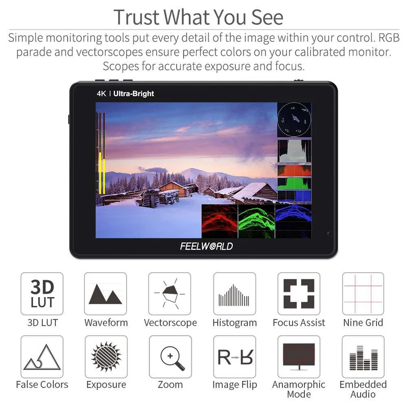 FEELWORLD LUT7 7-Zoll-DSLR-Kameramonitor mit 2200 Nits Ultra Bright Field Touchscreen, 4K und HDMI