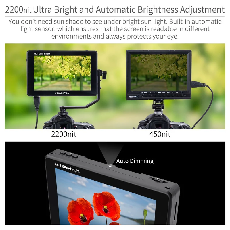 FEELWORLD LUT7S 7-Zoll-DSLR-Kameramonitor mit 2200 Nits Ultra Bright Field, Touchscreen, 3G, SDI, 4K und HDMI
