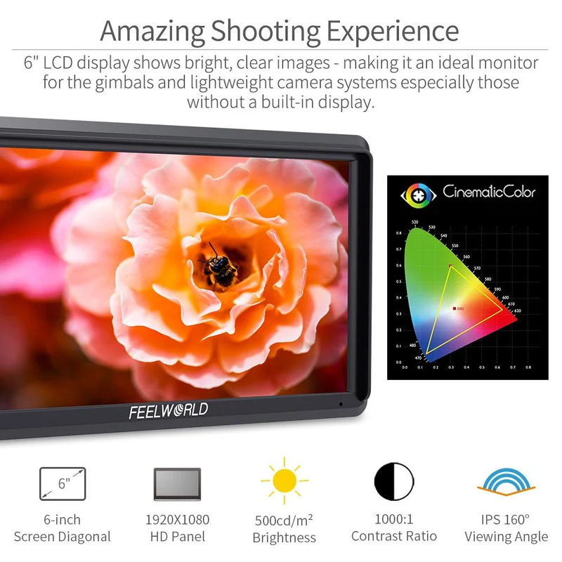 FEELWORLD S55 V3 6 Zoll 450nit DSLR-Kamera-Feldmonitor mit Videounterstützung, IPS-Display, 1920x1152, 4K-Auflösung, HDMI- und DC-Ausgang sowie 3D-LUT