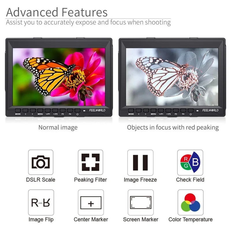 FEELWORLD FW759 7-Zoll-Feldmonitor für DSLR-Kameras, 400 cd/m², HD-Video-Assist, IPS, 1280 x 800, 4K, HDMI