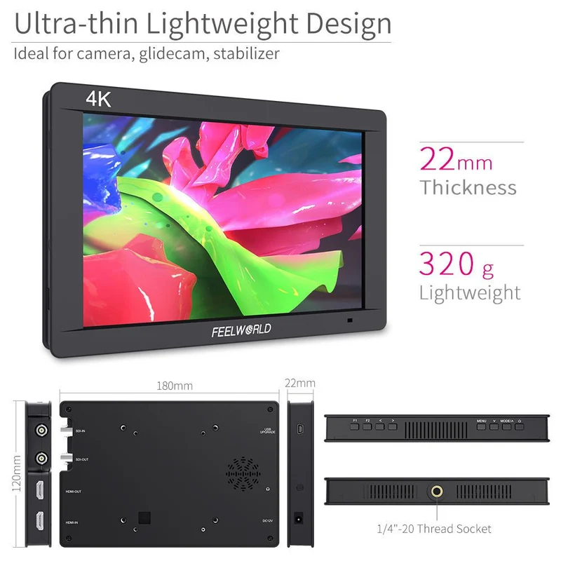 FEELWORLD FW703 7-Zoll-Feldmonitor für DSLR-Kameras (450 cd/m²), IPS-Display, 3G-SDI-Anschluss, Full HD (1920 x 1200), 4K-HDMI-Anschluss