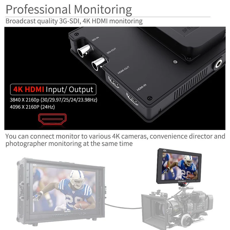 FEELWORLD FW703 7-Zoll-Feldmonitor für DSLR-Kameras (450 cd/m²), IPS-Display, 3G-SDI-Anschluss, Full HD (1920 x 1200), 4K-HDMI-Anschluss
