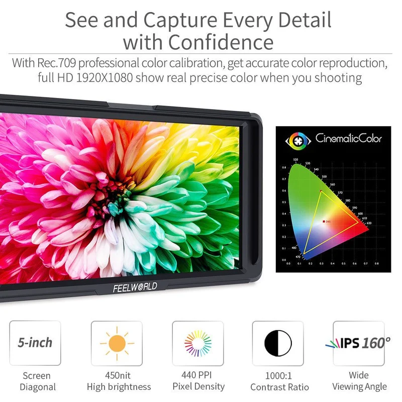 FEELWORLD F5 5 Zoll kleine 4K HDMI DSLR auf Kameramonitor Full HD 1920x1080 Peaking Assist DC Out
