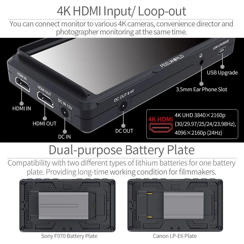 FEELWORLD F5 5 Zoll kleine 4K HDMI DSLR auf Kameramonitor Full HD 1920x1080 Peaking Assist DC Out