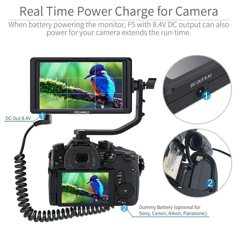 FEELWORLD F5 5 Zoll kleine 4K HDMI DSLR auf Kameramonitor Full HD 1920x1080 Peaking Assist DC Out