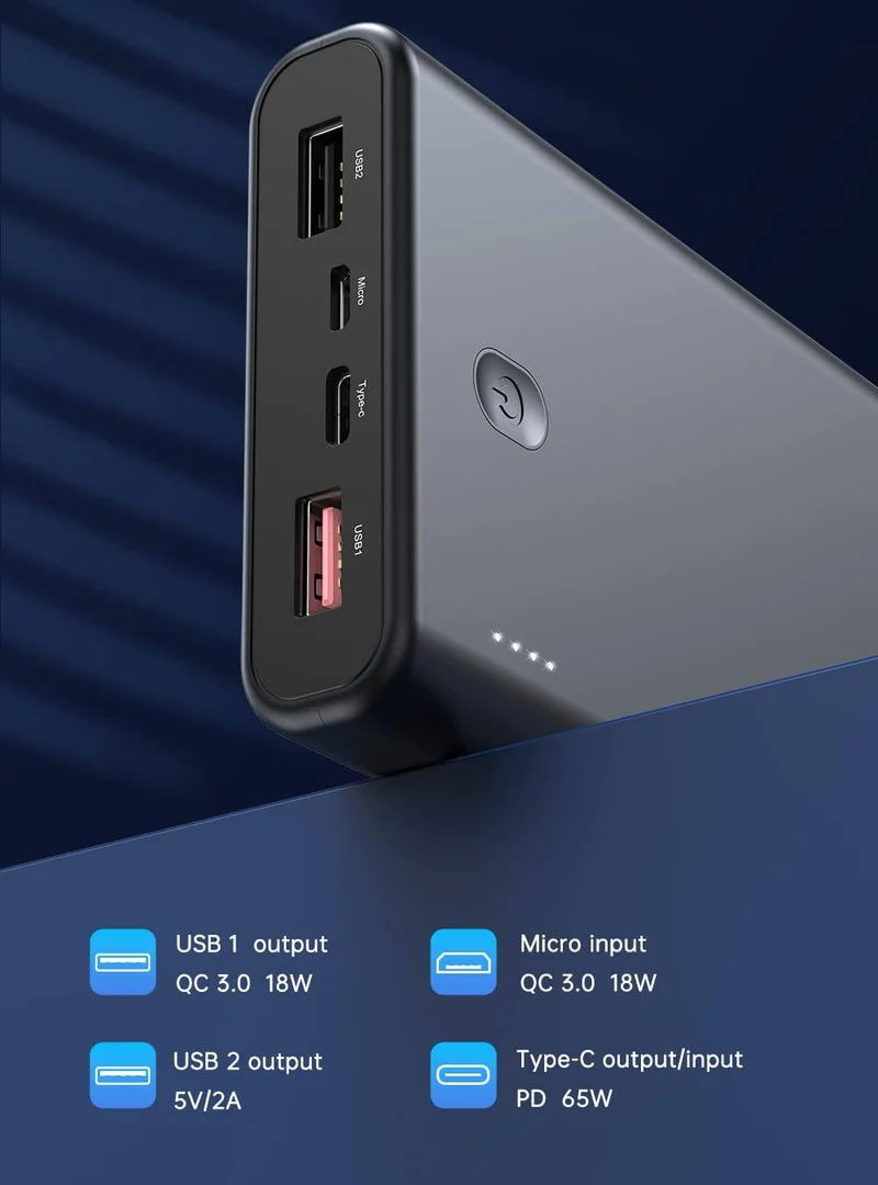 Power Bank 20000mah 65W Schnellladung USB C Tri-Outport