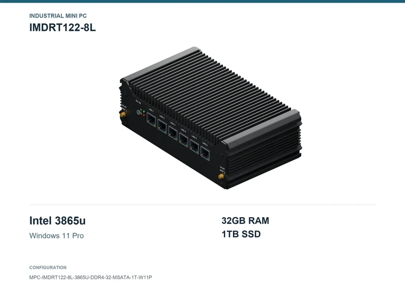 IMDRT122-8L Fanless Mini PC - Celeron 3865U, 32GB, 1TB mSATA, Windows 11 Pro