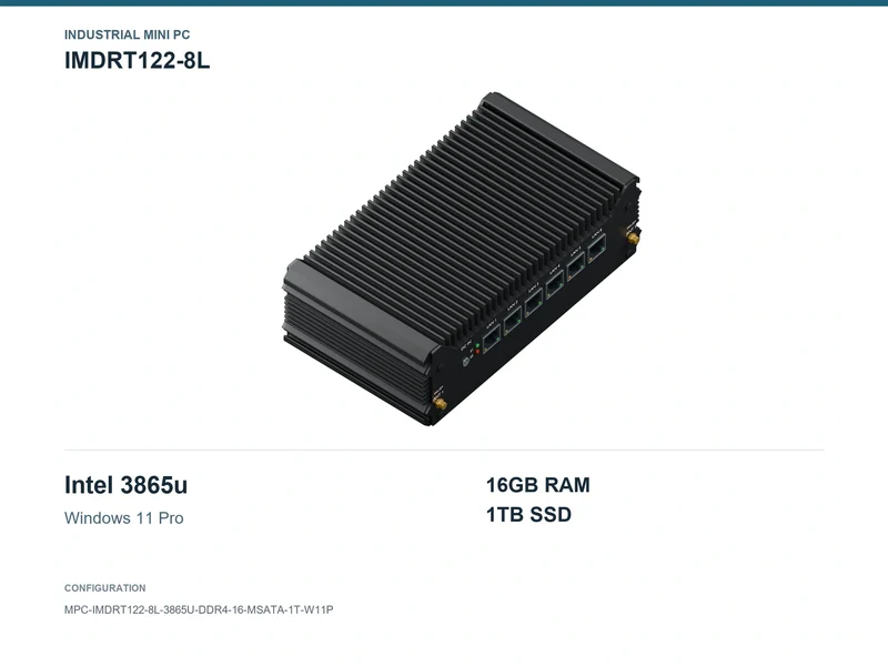 IMDRT122-8L Fanless Mini PC - Celeron 3865U, 16GB, 1TB mSATA, Windows 11 Pro