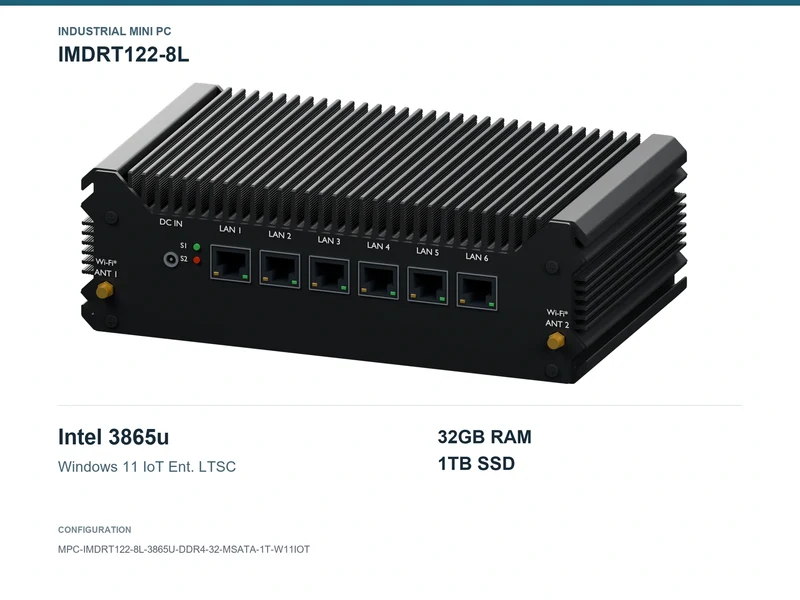 IMDRT122-8L Fanless Mini PC - Celeron 3865U, 32GB, 1TB mSATA, Windows 11 IoT LTSC
