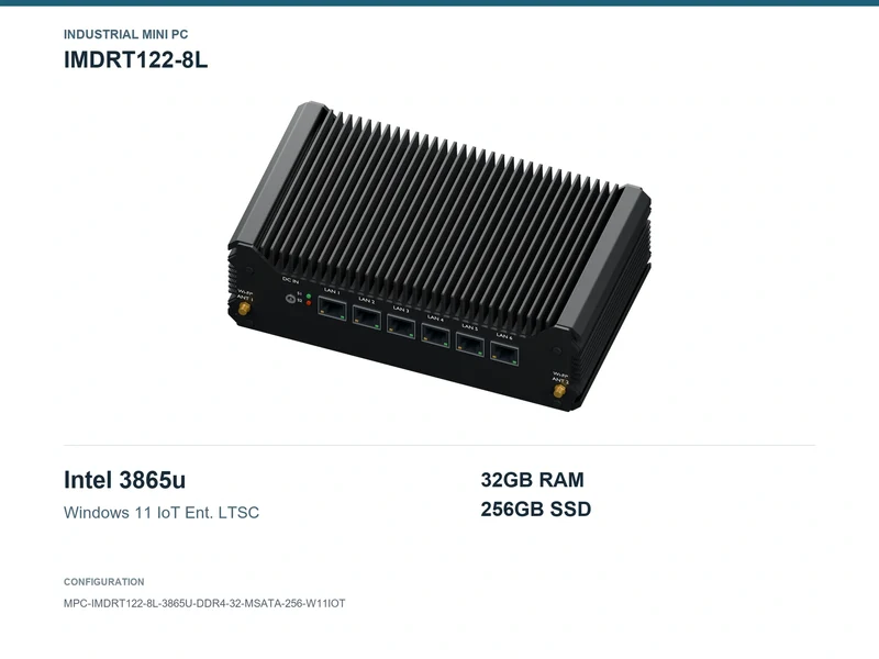 IMDRT122-8L Fanless Mini PC - Celeron 3865U, 32GB, 256GB mSATA, Windows 11 IoT LTSC