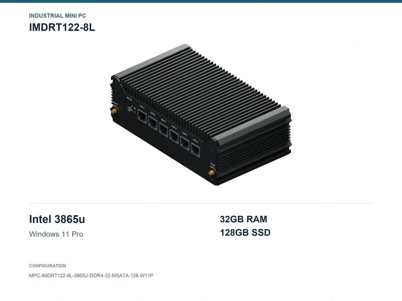 IMDRT122-8L Fanless Mini PC - Celeron 3865U, 32GB, 128GB mSATA, Windows 11 Pro