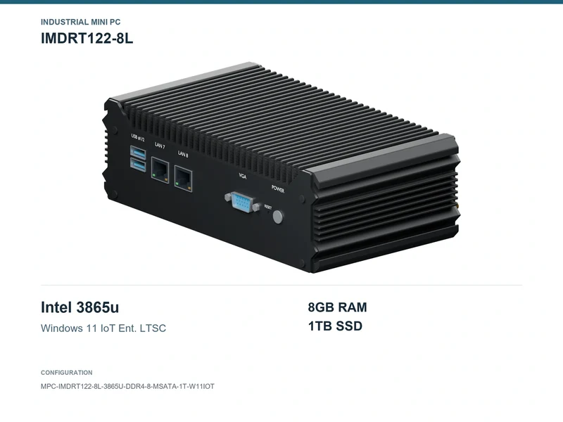 IMDRT122-8L Fanless Mini PC - Celeron 3865U, 8GB, 1TB mSATA, Windows 11 IoT LTSC
