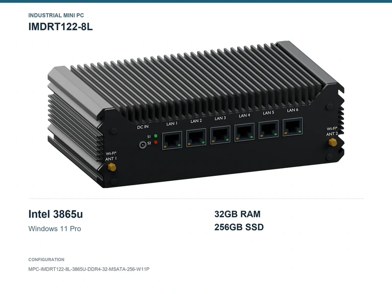 IMDRT122-8L Fanless Mini PC - Celeron 3865U, 32GB, 256GB mSATA, Windows 11 Pro