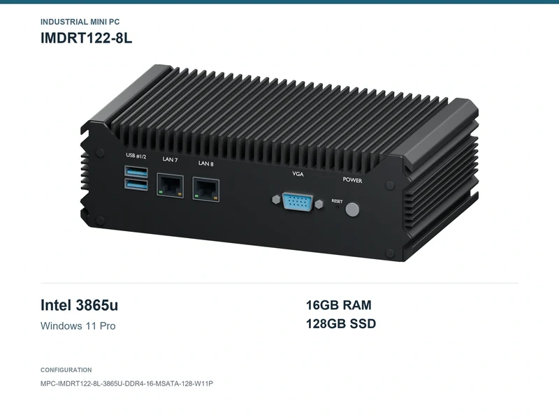 IMDRT122-8L Fanless Mini PC - Celeron 3865U, 16GB, 128GB mSATA, Windows 11 Pro