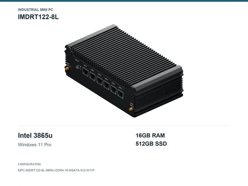 IMDRT122-8L Fanless Mini PC - Celeron 3865U, 16GB, 512GB mSATA, Windows 11 Pro