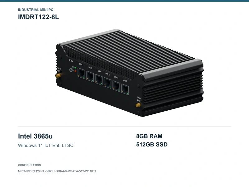 IMDRT122-8L Fanless Mini PC - Celeron 3865U, 8GB, 512GB mSATA, Windows 11 IoT LTSC