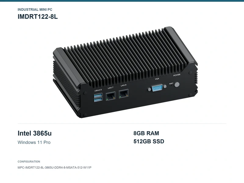 IMDRT122-8L Fanless Mini PC - Celeron 3865U, 8GB, 512GB mSATA, Windows 11 Pro