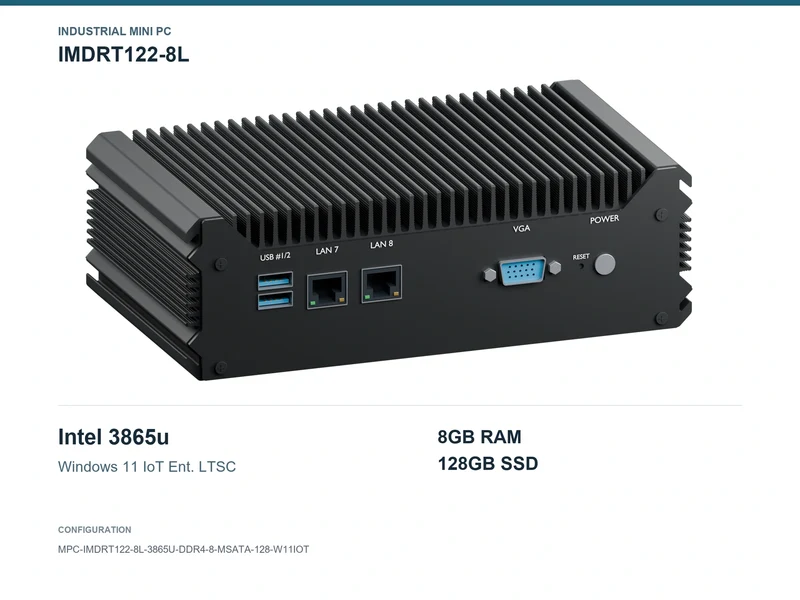 IMDRT122-8L Fanless Mini PC - Celeron 3865U, 8GB, 128GB mSATA, Windows 11 IoT LTSC