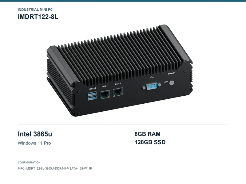 IMDRT122-8L Fanless Mini PC - Celeron 3865U, 8GB, 128GB mSATA, Windows 11 Pro