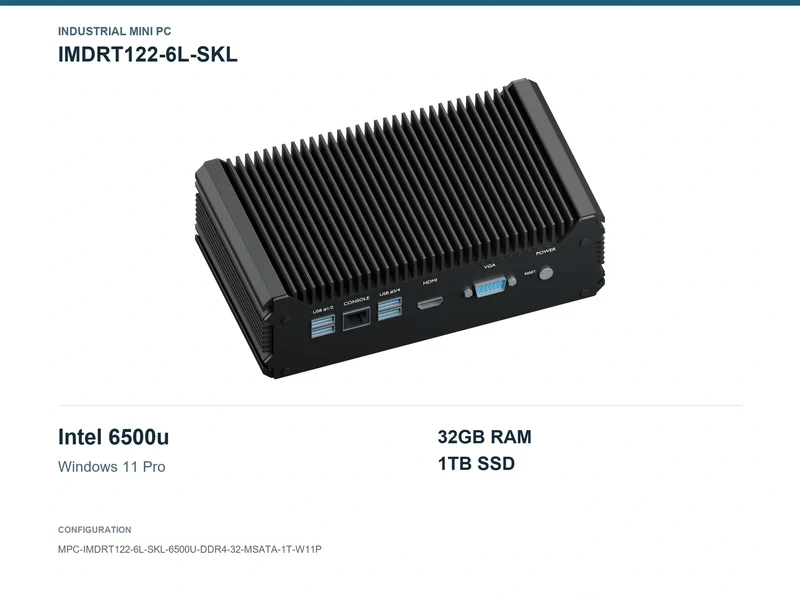 IMDRT122-6L-SKL Fanless Mini PC - Core i7-6500U, 32GB, 1TB mSATA, Windows 11 Pro