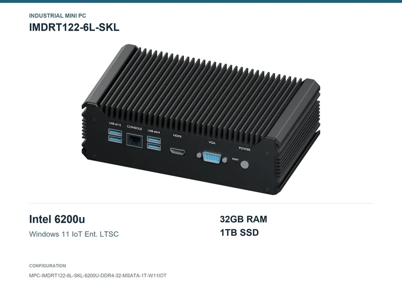 IMDRT122-6L-SKL Fanless Mini PC - Core i5-6200U, 32GB, 1TB mSATA, Windows 11 IoT LTSC