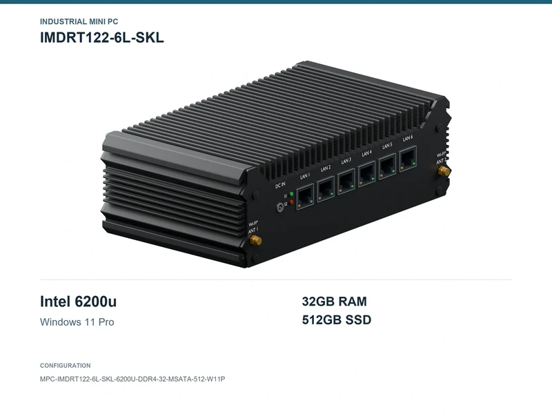 IMDRT122-6L-SKL Fanless Mini PC - Core i5-6200U, 32GB, 512GB mSATA, Windows 11 Pro