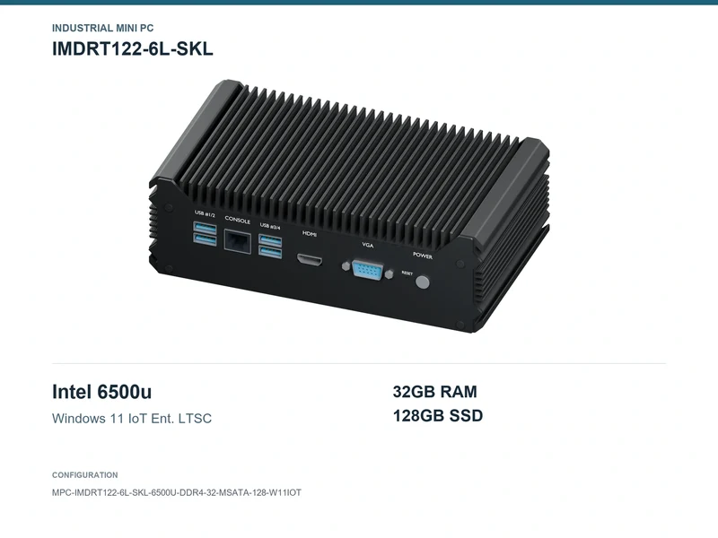 IMDRT122-6L-SKL Fanless Mini PC - Core i7-6500U, 32GB, 128GB mSATA, Windows 11 IoT LTSC