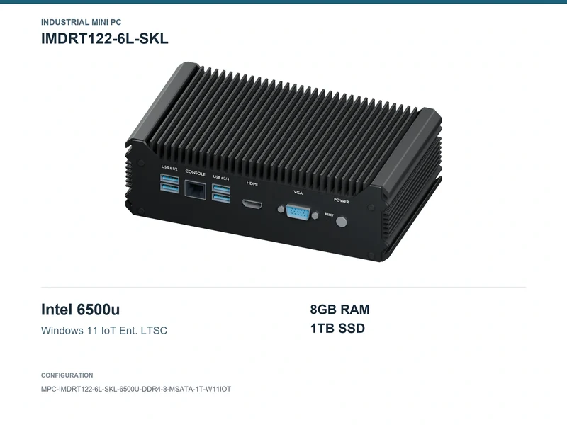 IMDRT122-6L-SKL Fanless Mini PC - Core i7-6500U, 8GB, 1TB mSATA, Windows 11 IoT LTSC