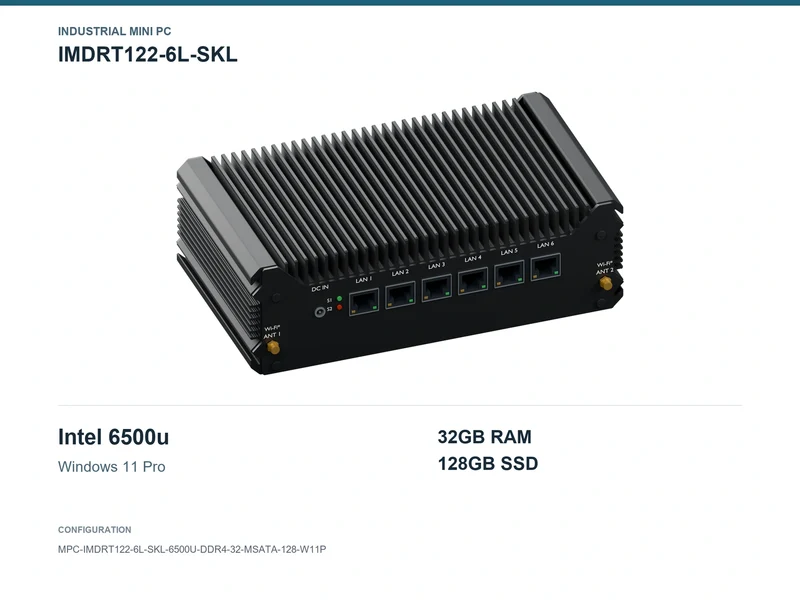 IMDRT122-6L-SKL Fanless Mini PC - Core i7-6500U, 32GB, 128GB mSATA, Windows 11 Pro