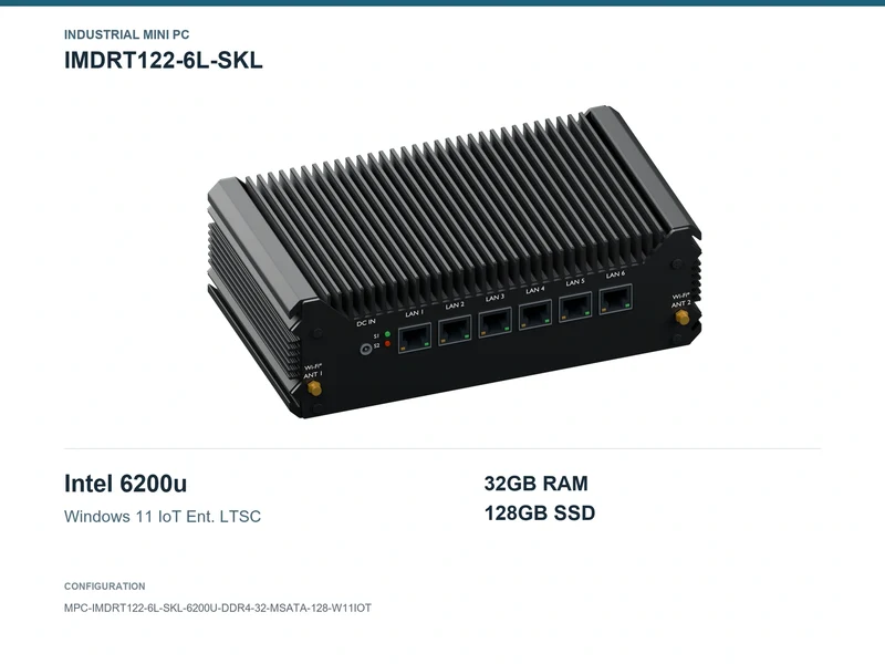IMDRT122-6L-SKL Fanless Mini PC - Core i5-6200U, 32GB, 128GB mSATA, Windows 11 IoT LTSC