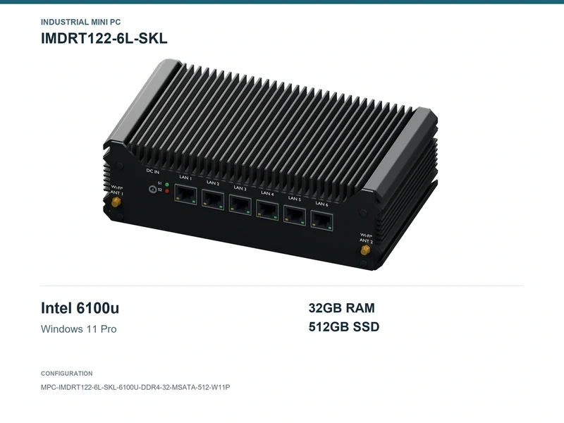 IMDRT122-6L-SKL Fanless Mini PC - Core i3-6100U, 32GB, 512GB mSATA, Windows 11 Pro