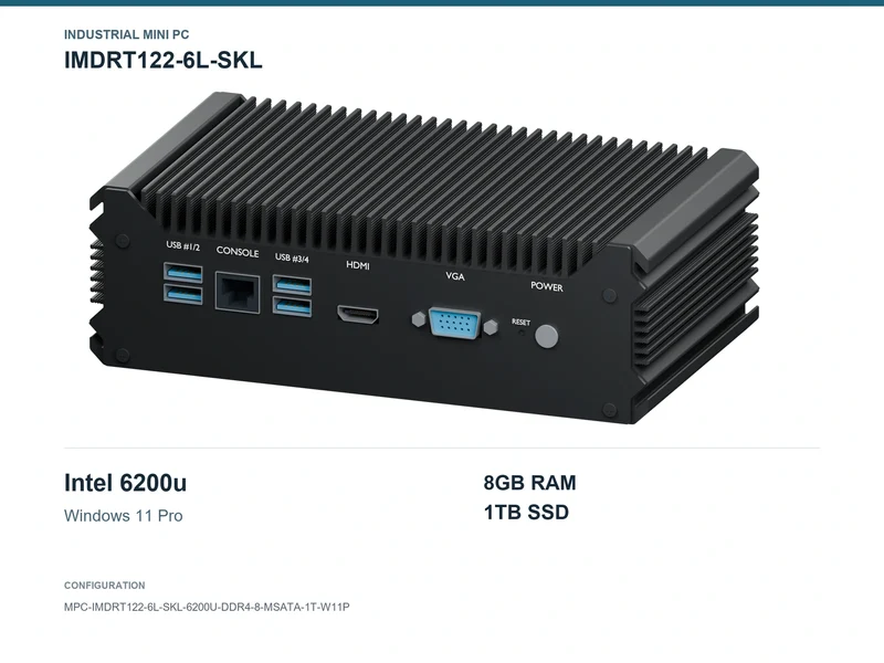 IMDRT122-6L-SKL Fanless Mini PC - Core i5-6200U, 8GB, 1TB mSATA, Windows 11 Pro